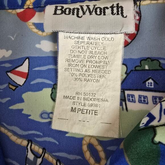 Bon Worth Vtg Nautical Blue Lighthouse Shirt Beachy Coastal Grandmother Aloha MP - Picture 6 of 12